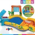 Opblaasbaar dinosaurus zwembad met glijbaan, waterfontein en speelballen, met Intex logo.