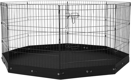 Zwarte, achthoekige dierenbox van metaal met een zwarte bodemplaat van Oxford stof.