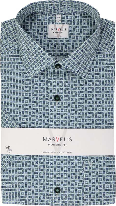 Chemise MARVELIS coupe moderne - manches courtes - popeline - motif vert - Sans repassage - Taille du col : 41