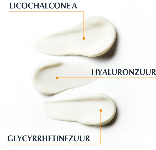 Drie witte strepen crème op witte achtergrond, gelabeld met 'Licochalcone A', 'Hyaluronzuur', 'Glycyrrhetinezuur'.