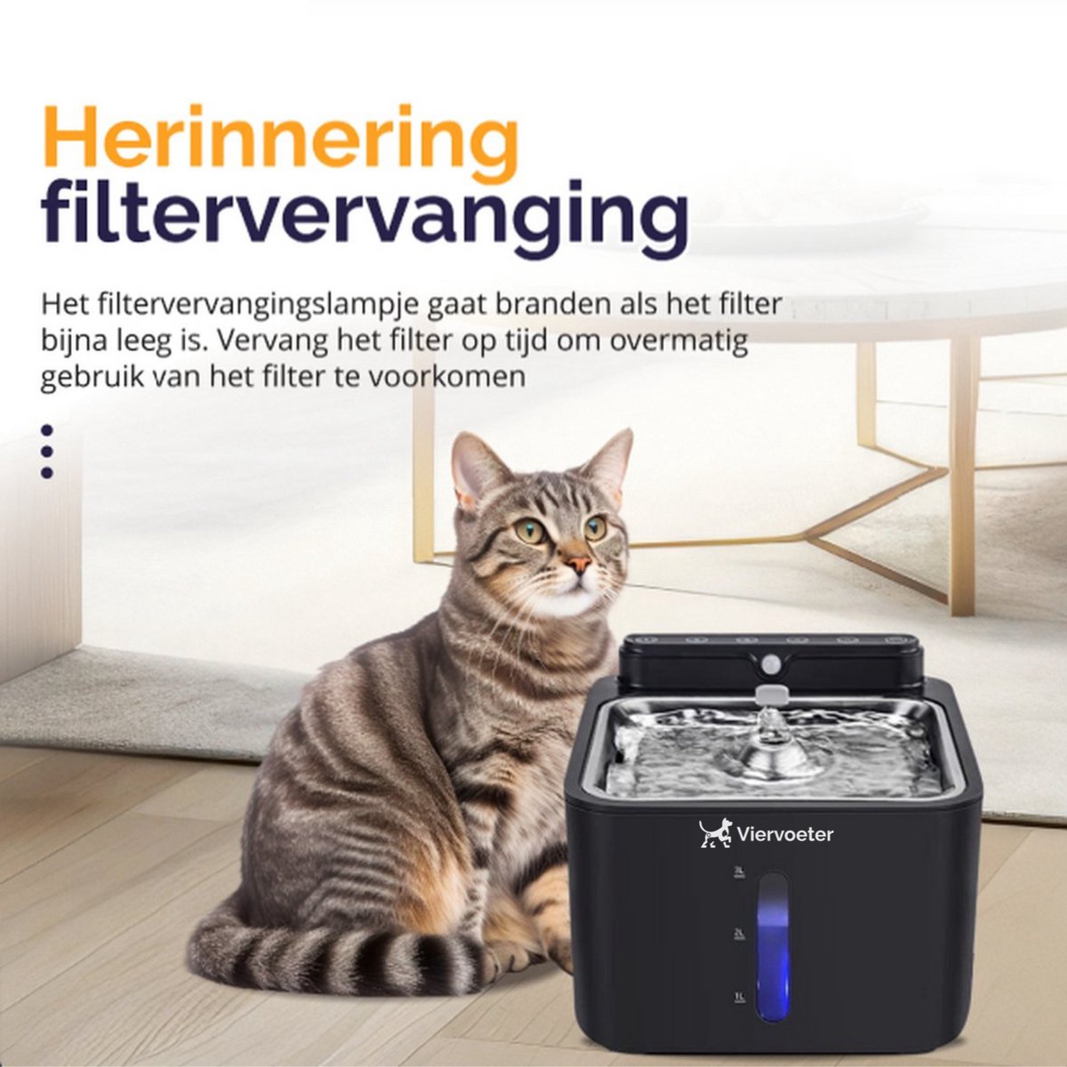 Viervoeter® Draadloze Drinkfontein RVS - Sensor Waterfontein voor Kat en Hond - Inclusief 3 filters - 3,2L - 30d batterijduur - Fluisterstil thumbnail 8