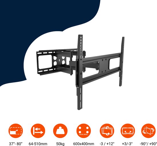Cavus TV Muurbeugel Voor 37-70 Inch - Full Motion - Met Universele Soundbar Beugel Premium Zwart