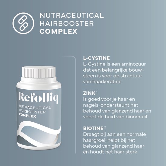 Refolliq Nutraceutical Hairbooster Complex potje en beschrijving van ingrediënten zoals L-Cystine, Zink en Biotine.