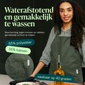 Femmes portant des tabliers de cuisine; les tabliers sont verts et hydrofuges, avec des poches et des instructions de lavage.