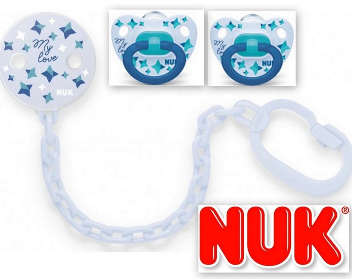 NUK Classic | My Love | set : siliconen fopspenen 2st. + fopspeenclip 1 st | blauw | 0-6 maanden