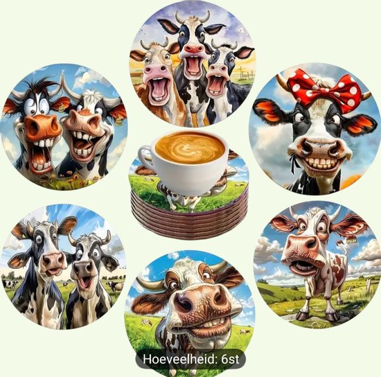 Sous-verres Vache - 6 pièces - Set de 6 - Sous-verres - Dessous de verre - Sous-verres de verre en bois - Dessous de verre pour verres ou tasses - Textes amusants - Cadeau d'anniversaire - Fête des mères - Vaderdag - Cadeau Fun