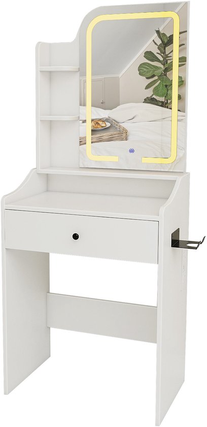 Mirlux Kaptafel met Spiegel en LED Verlichting - Make Up Tafel - Incl. Stopcontacten - 62x39x150cm - Wit