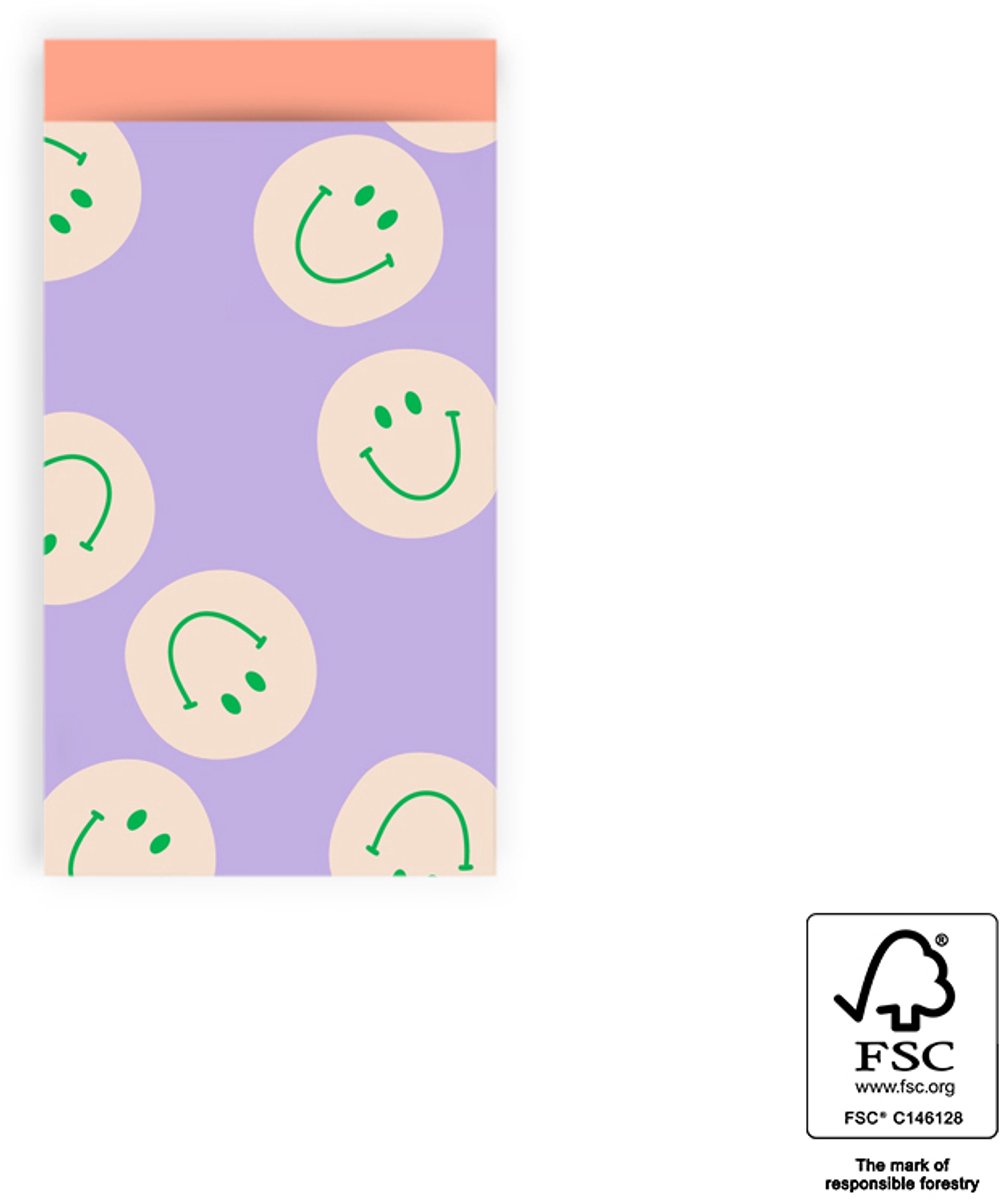 Kleine Cadeauzakjes voor volwassenen en kinderen- Groene smileys op lila achtergrond -Inpakzakje van papier- Uitdeelzakje voor traktaties- 10 zakjes van 7x13 cm
