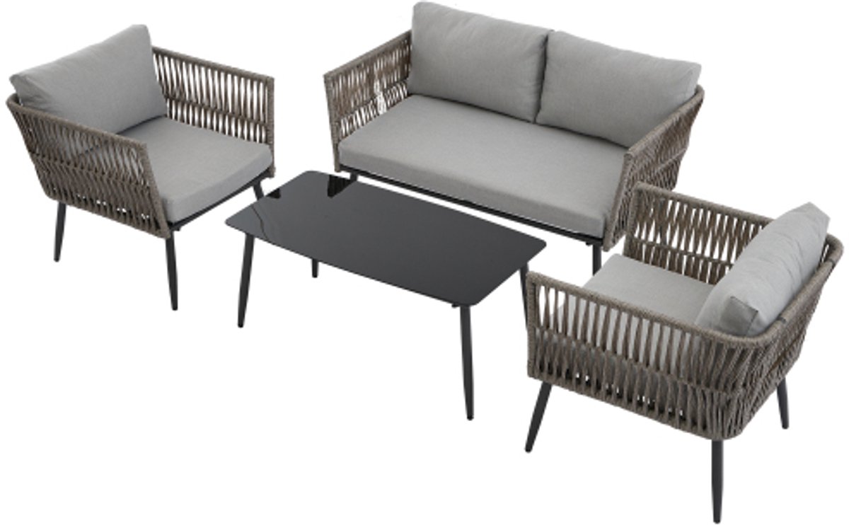 Gotagee Tuin loungeset, tuinmeubelset met comfortabele kussens, 2-zitsbank, 2 fauteuils en salontafel, gevlochten PE-touw van imitatiewatergras, zwart glazen tafelblad, gegalvaniseerd staal, grijs