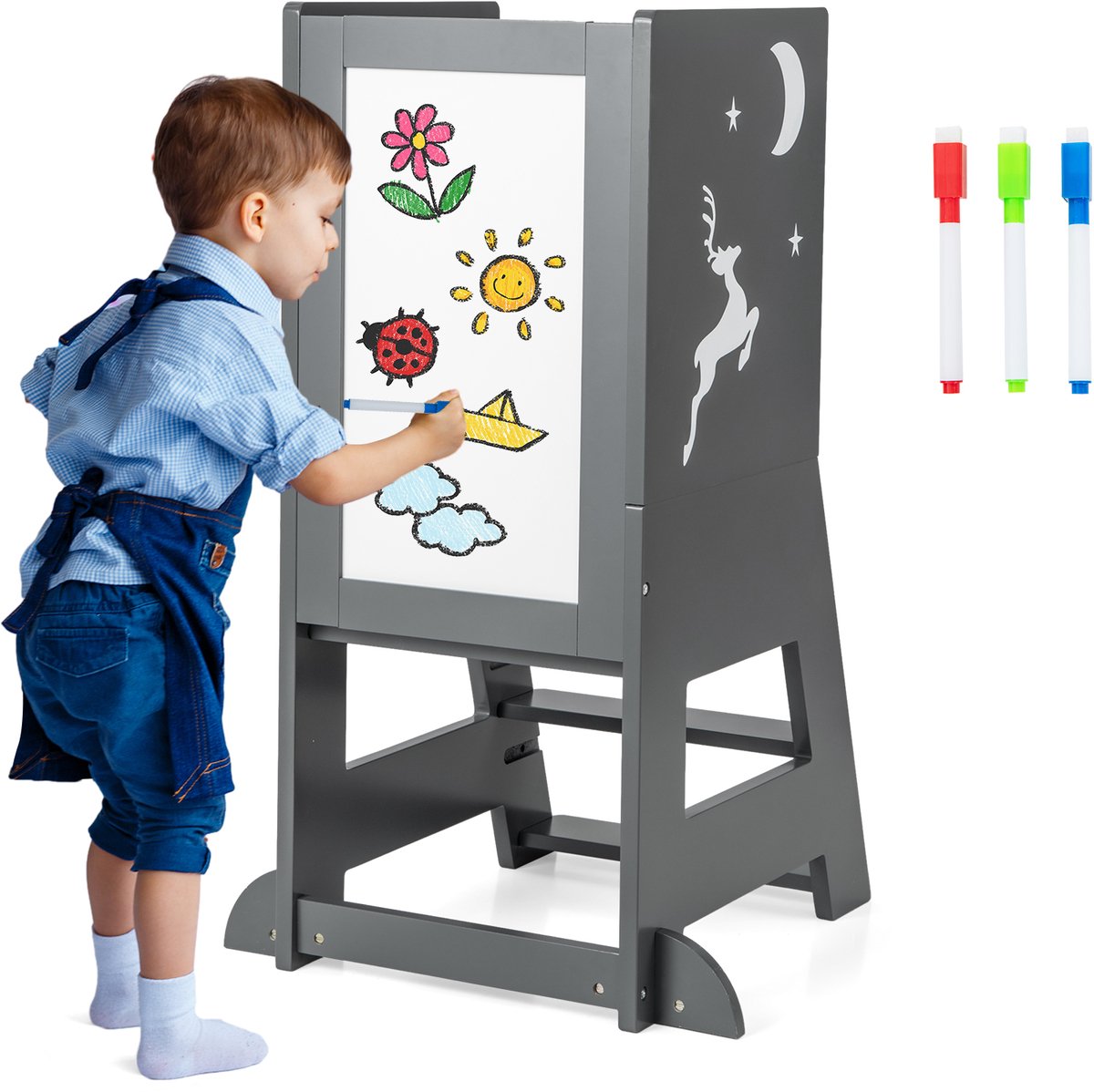 COSTWAY Leertoren voor kinderen, 2-in-1 opstapkruk Montessori met 3 verstelbare hoogtes en dubbelzijdig bord, keukenhulp met 3 pennen, opstapkruk voor kinderen vanaf 1 jaar (grijs)