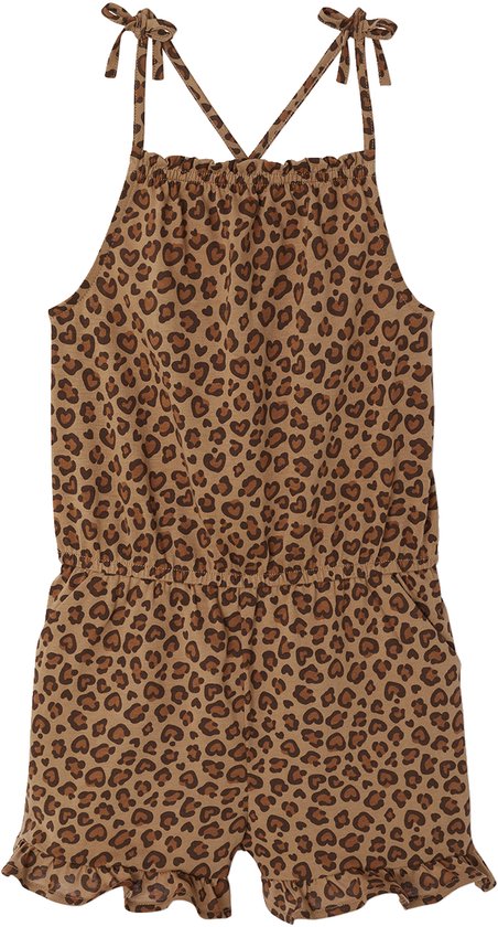 Bruine jumpsuit met luipaardprint, rucheboord bovenaan en onderaan de broekspijpen, en strikbandjes aan de schouders.