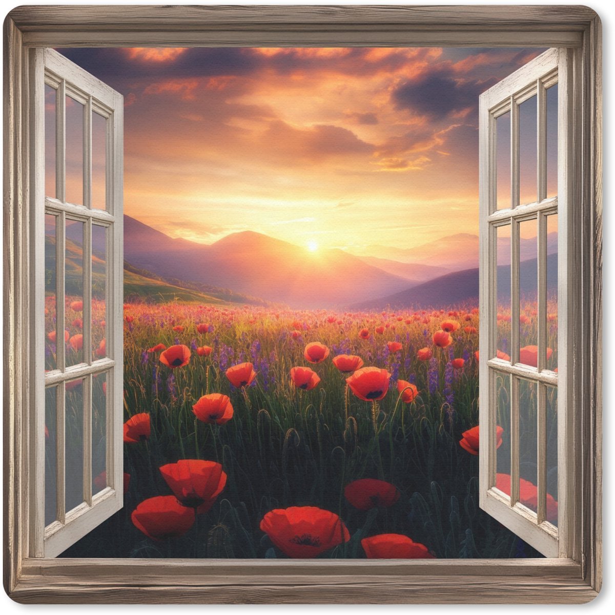 Muismat 30x30 cm - Mousepad Doorkijk - Klaprozen - Bloemen - Rood - Open raam - Muismatten