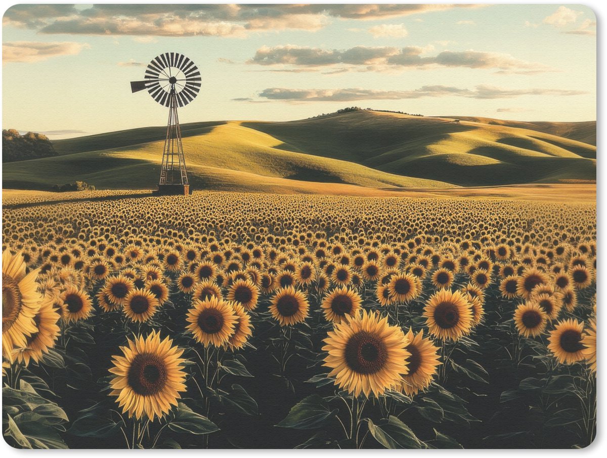 Muismat 23x19 cm - Mousepad Zonnebloem - Veld - Windmolen - Muismatten