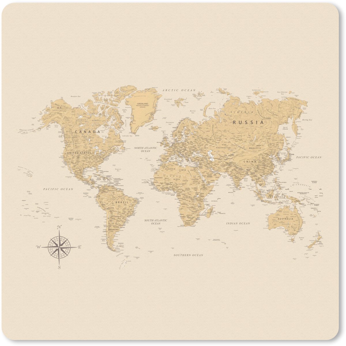 Muismat 20x20 cm - Mousepad Wereldkaart - Realistisch - Beige - Muismatten