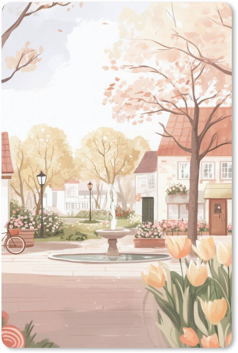 Muismat 18x27 cm - Mousepad Dorpsplein - Fontein - Tulpen - Muismatten