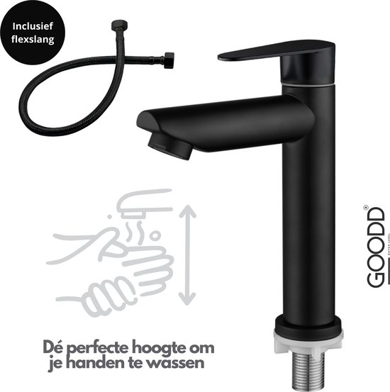 GOODD® Toulon - Fonteinkraan - Toiletkraan - Koudwaterkraan - Wc kraan - Zwart - Met zwart nylon aansluitslang