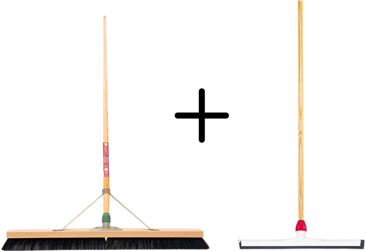 Synx Tools Paardenhaar 100cm + Vloertrekker Kunststof 55cm met Steel 150cm – Zaalveger – Vloerreiniger – Natuurrubber – Zachte binnenbezem met steel 150cm