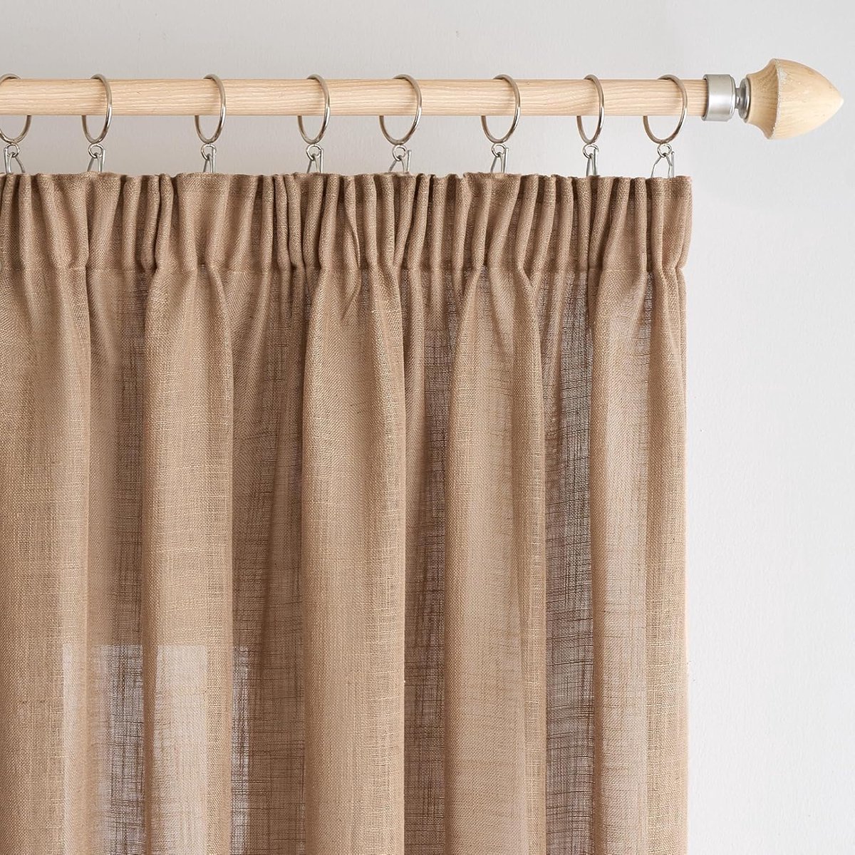 Famanu - Linnen gordijnen met plooiband, gordijnen woonkamer, linnenlook, half-transparant, gordijn voor slaapkamer, modern, gordijn met inslagringen, lusgordijnen, set van 2, 140 x 225 cm (b x h), Kleur: Bruin