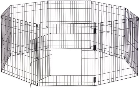 Zwarte metalen ren, achthoekig, met een opening in een van de panelen.