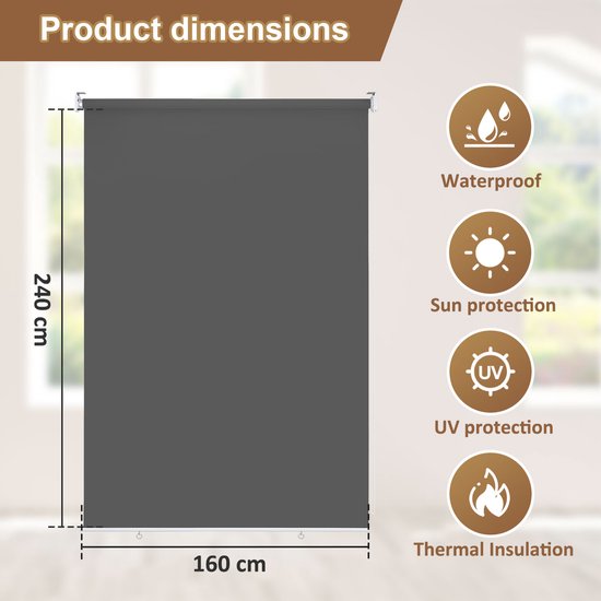 Grijze verticale zonwering van 160 x 240 cm, waterdicht, UV-bestendig en warmte-isolerend.