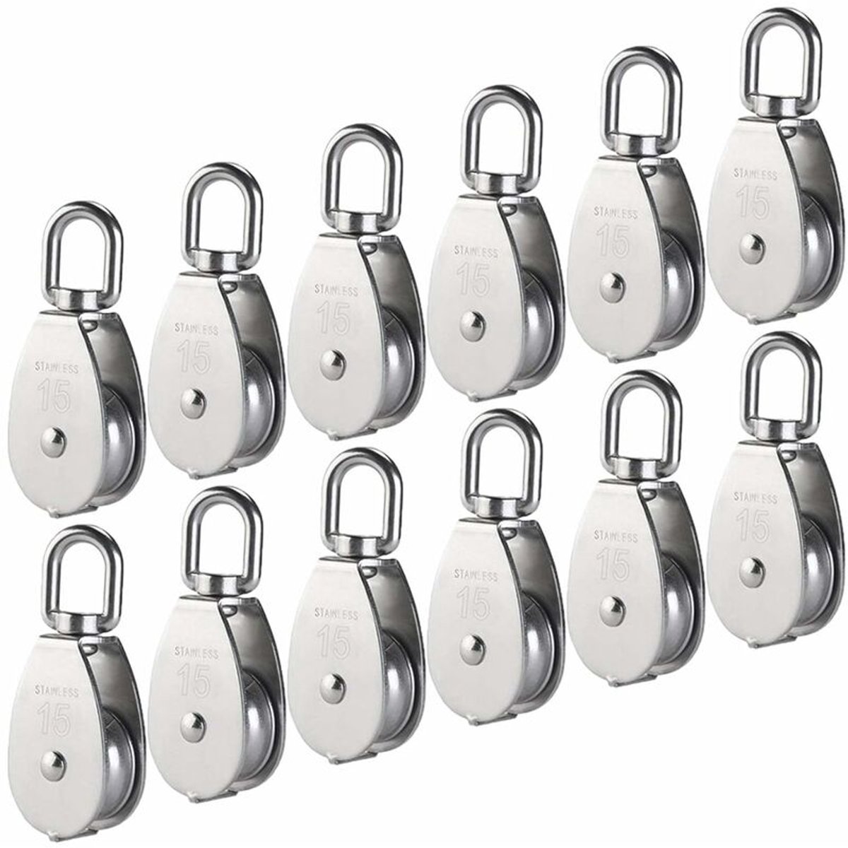 Geschikt voor M15 304 RVS enkele katrol, 15MM enkele katrollen blokrol, kraan draaibare haak gladde staaldraadkabel belasting 77lbs/35kg (12 stuks)