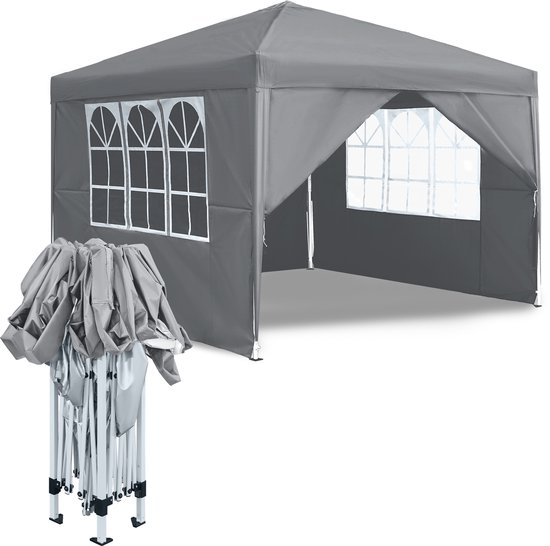 NAIZY Pavilion 3x3m Opvouwbare paviljoen Waterdicht Stabiel Winterbestendig Opvouwbaar Tuinpaviljoen met 4 Zijpanelen & Ramen & Draagtas Weide Tent Tuin Tent UV Bescherming Barbecue Paviljoen Party Tent, Lichtgrijs