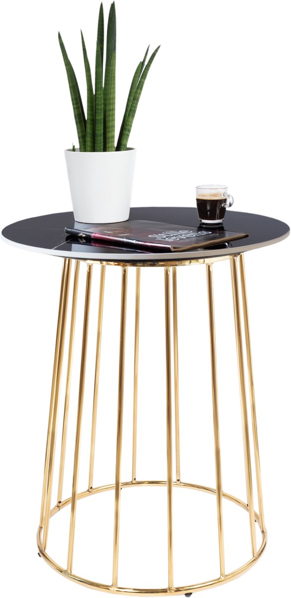 Casamoda Bijzettafel - Salontafel - Gouden Frame - Marmer - Stenen Tafelblad Rond - Zijtafel - L60 x B60 x H70 cm - Zwart