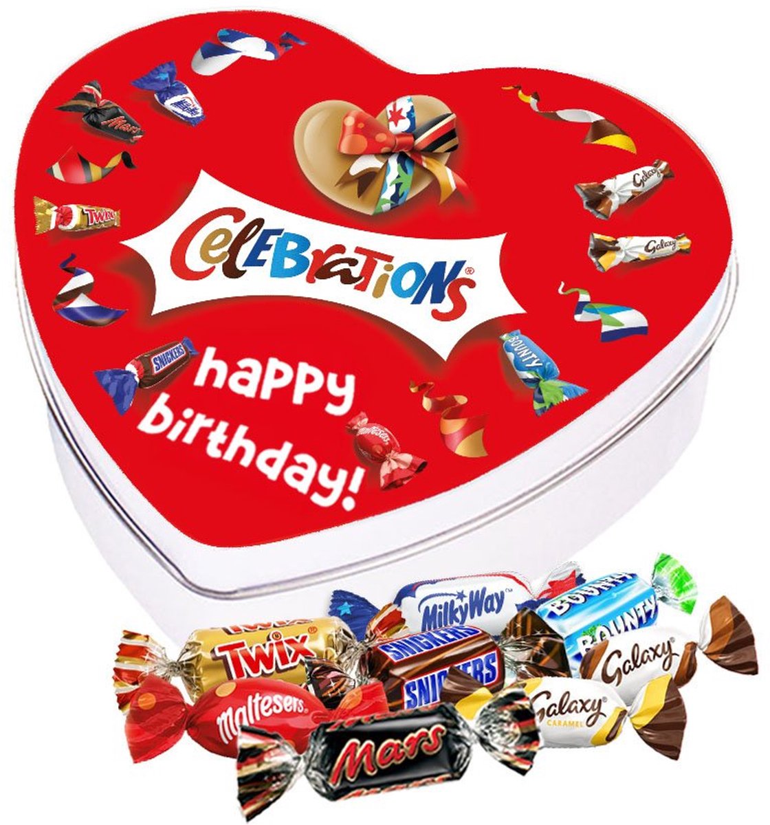 Mars Celebrations geschenkdoos hartje "Happy Birthday!" - chocolademix - Twix, Bounty, Mars, Snickers, Maltesers, Galaxy & MilkyWay - verjaardagscadeau - 120g