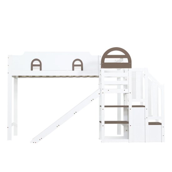 Moimhear Hoogslaper, 90 x 200 cm, kinderbedden, bovenbed, tafel onder, grote opbergruimte, hoge leuning, stabiele trap (grijs