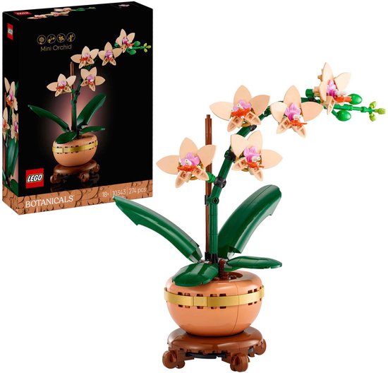LEGO Botanicals Mini Orchidee doos en model: een LEGO-orchidee met zachtgele bloemen en groene bladeren in een bruine pot.