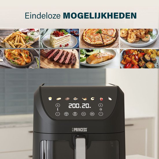 Princess 182257 SlimFry Airfryer - 8 L capaciteit - Doorzichtig kijkvenster - Digitaal touchscreen - 8 voorgeprogrammeerde instellingen - Compact design - 2000 W