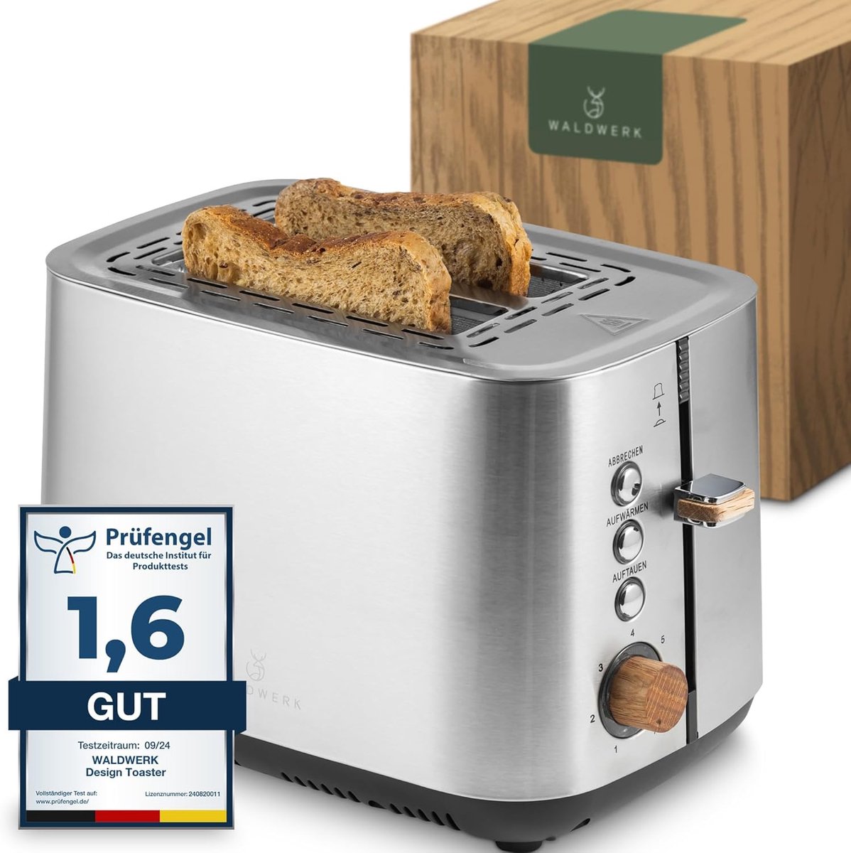 Design Broodrooster voor 2 Sneetjes van Roestvrij Staal en Eikenhout met Extra Brede Toastkamer