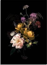 DesignClaud Vintage boeket bloemen poster - Bloemstillevens - Zwart Geel Paars A3 + Fotolijst wit