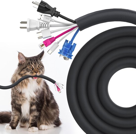 Longueur 2 m - Protection de câble pour animaux - Gaine de câble - Outil de gestion de câbles - Protège les câbles des animaux - Pour câbles USB, alimentation, audio et vidéo - Zwart