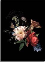 DesignClaud Vintage boeket bloemen poster - Bloemstillevens - Zwart Rood Wit A3 + Fotolijst wit