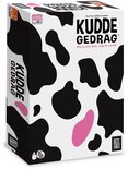 De doos van het spel Kuddegedrag met een zwart-witte koeienvacht print en logo's.