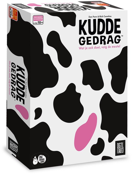 De doos van het spel Kuddegedrag met een zwart-witte koeienvacht print en logo's.