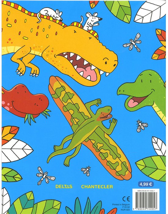 Een gele dinosaurus met drie muizen op zijn rug, een groene gekko en een rode dino-kop op een blauwe achtergrond met bladeren en libellen.