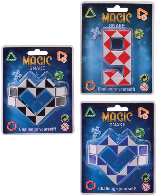 Drie verpakkingen van de magische slang puzzel: twee hartvormig in zwart/wit en blauw/wit, en één nummer 9 vormig in rood/wit.
