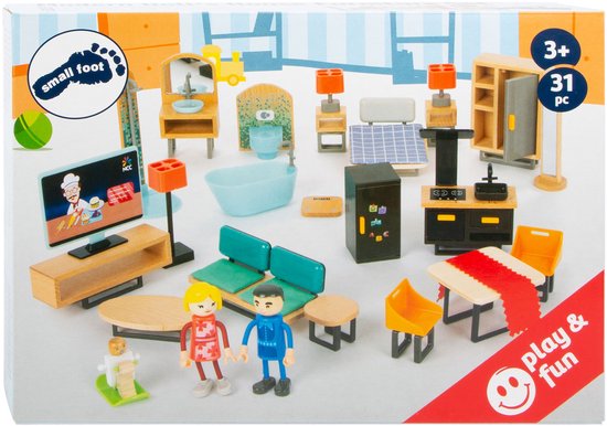 Houten poppenhuis meubels compleet, 31 onderdelen, met speelfiguren.