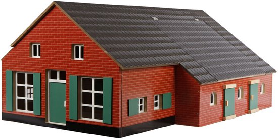 Gedetailleerde speelgoedboerderij van rood baksteen met groen dak en groene luiken.