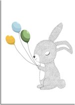 DesignClaud Kinderkamer poster konijn met ballonnen - Geel blauw groen A4 + Fotolijst wit