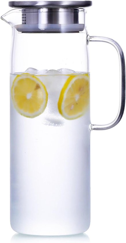 Econovo® Glazen karaf met deksel, karaf van glas, 2 liter, waterkaraf met houten deksel en zeef, glazen kan vaatwasmachinebestendig voor koude en warme dranken, water, ijsthee, wijn, koffie, melk en