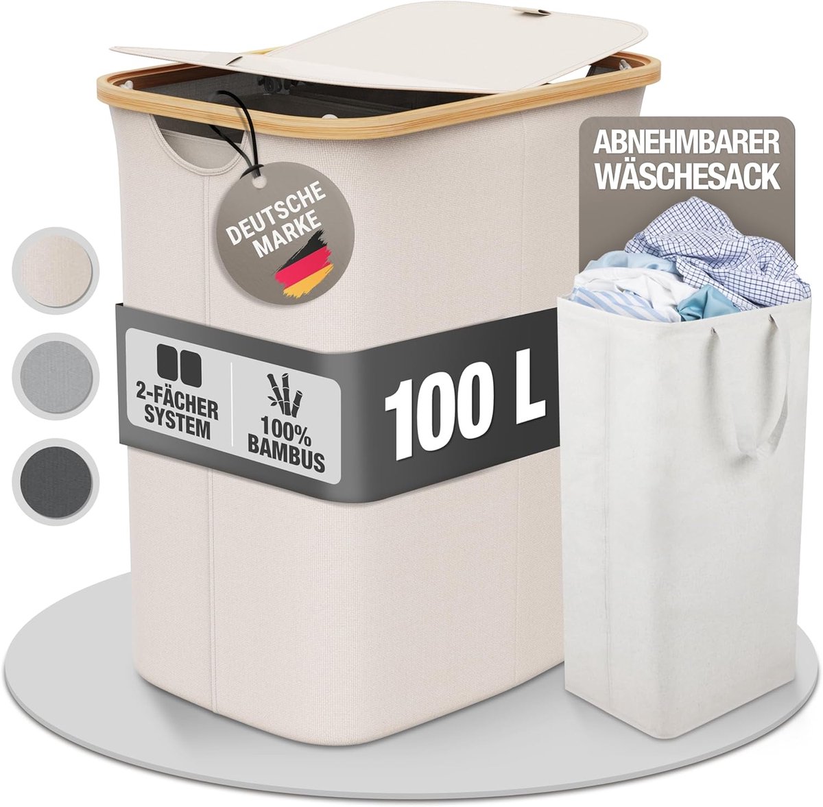 Licht Wasmand met Deksel - Sorteersysteem - 100 Liter - Beige - Bamboe-Stof