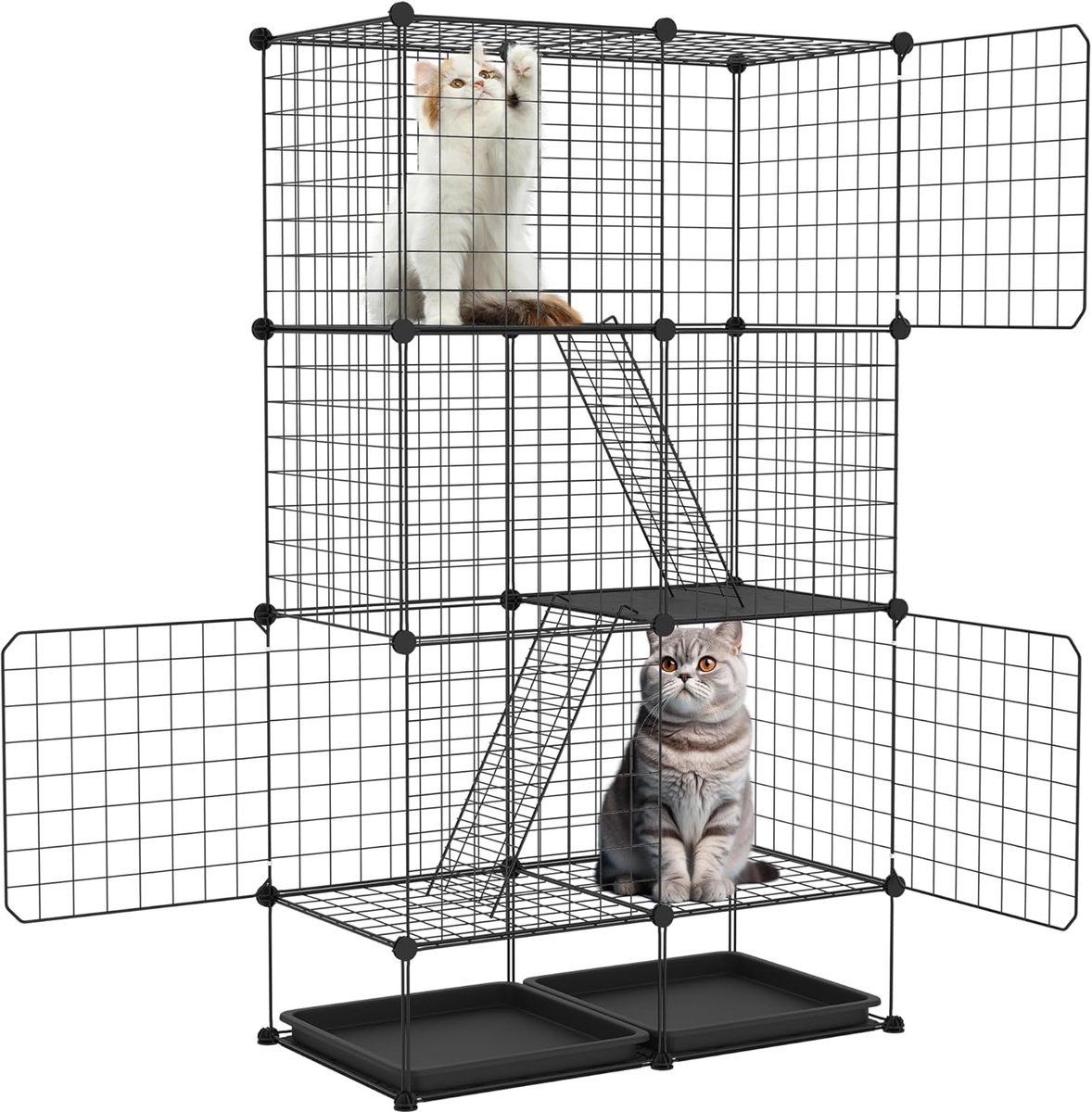 NAIZY 3-laags kattenkooi voor buiten Kattenverblijf Metalen kattenverblijf met 2 ladders, 3 deuren en verwijderbare vloerbak Vrijstaande dierenkooien voor katten, chinchilla's, konijnen
