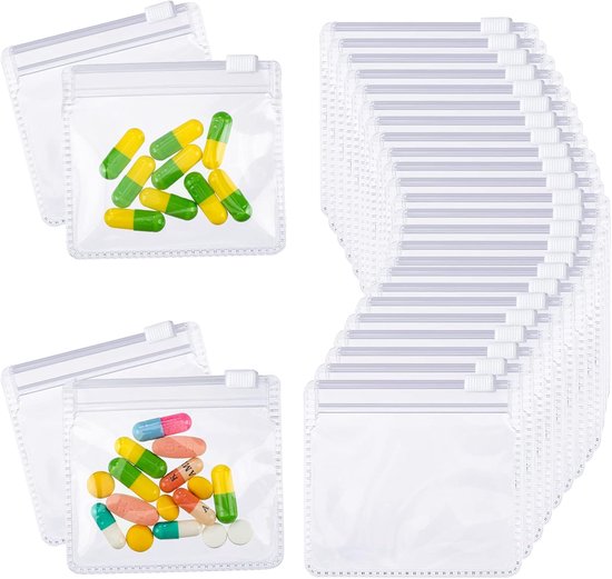 Lot de 25 sachets à pilules réutilisables à fermeture éclair – Organiseur de voyage autocollant avec fermeture à glissière – Plastique transparent – ​​Pour médicaments, vitamines et bibelots
