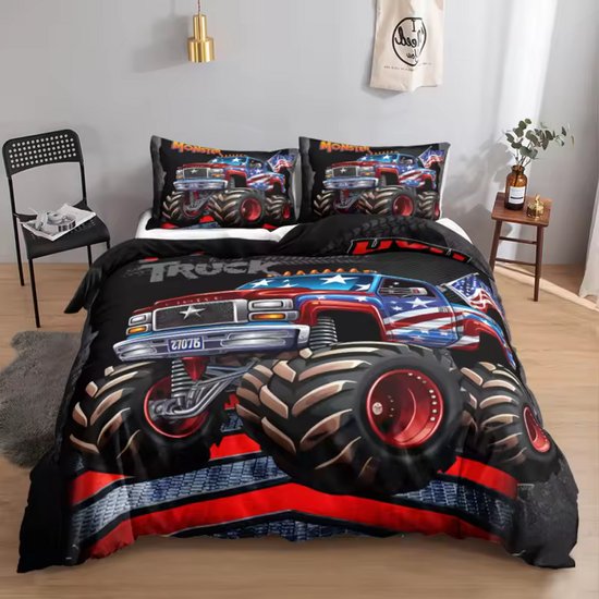 Dekbedovertrek met grote monstertruck in rood, wit en blauw met sterren. Twee kussenslopen met dezelfde print.