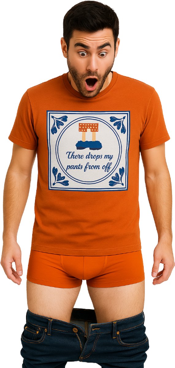 JAP Oranje Koningsdag - WK voetbal 2025 heren shirt (Maat XL) - Regular fit - Oranje kleding - "There drops my pants from off" - 100% Katoen t-shirt