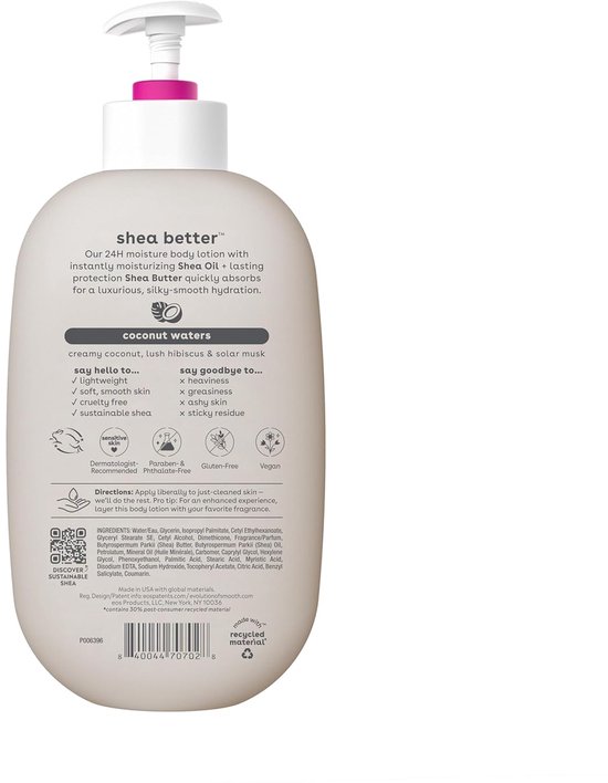 Achterkant van de bodylotionfles met ingrediënten, voordelen en 'coconut waters' label.