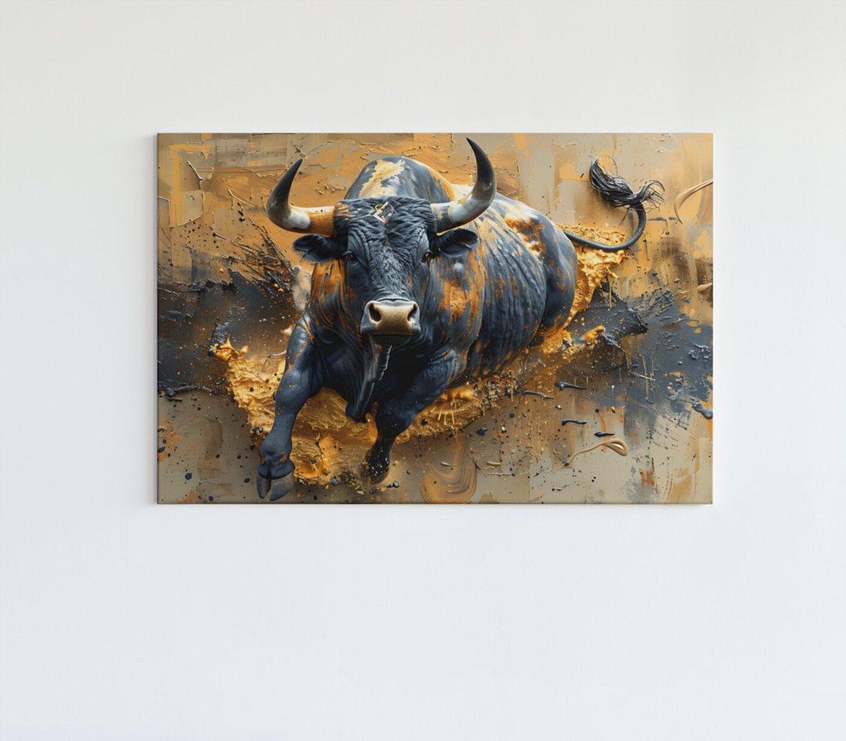 Trendex Global Canvas Schilderij - Dieren - Stier - Zwart - Goud - 3D Effect - 60x40x2 cm
